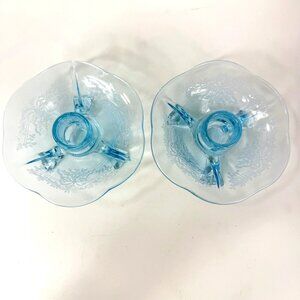 Fostoria Glass Versailles Azure Blue 3-Toed Candle Holders Set Of 2